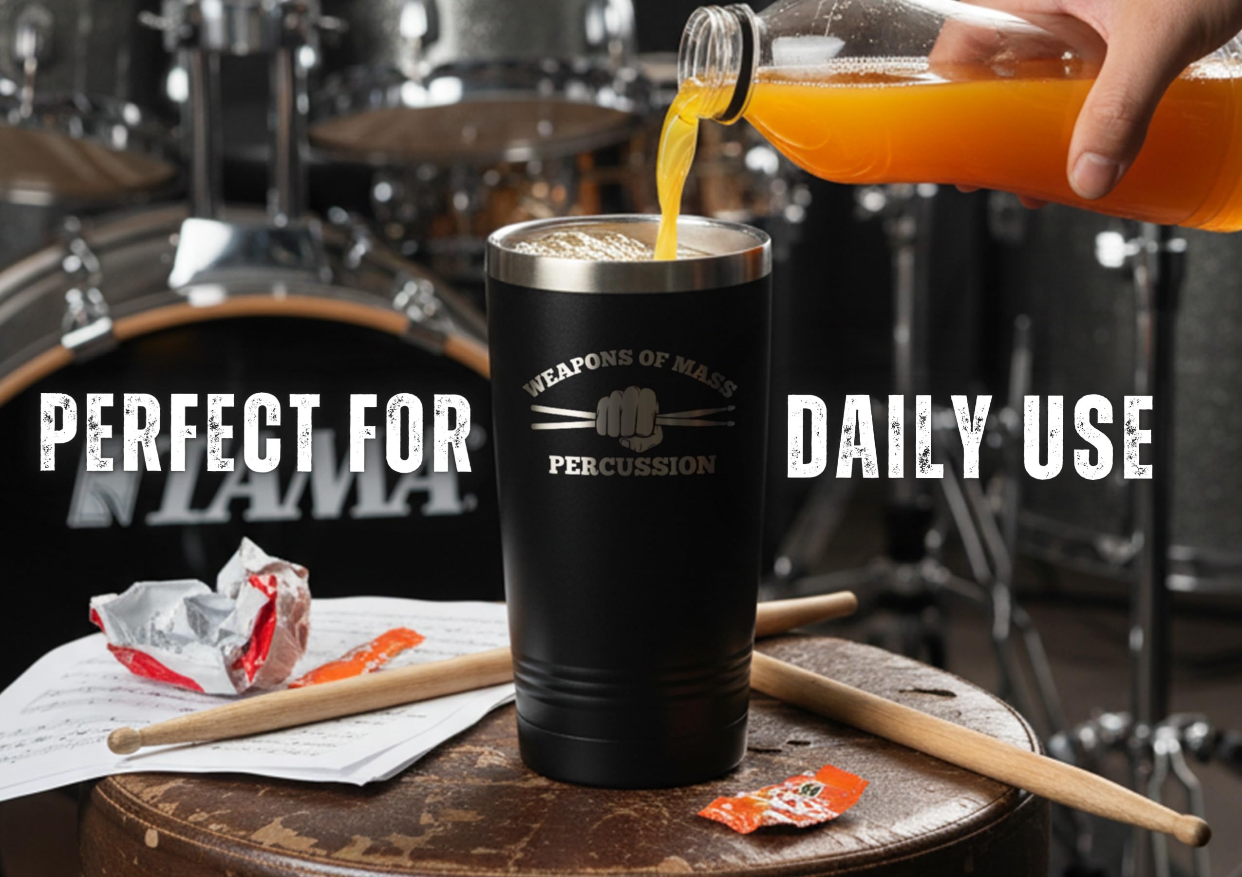 Onebttl tumbler drumstick motif evokes energy during rehearsals and performances