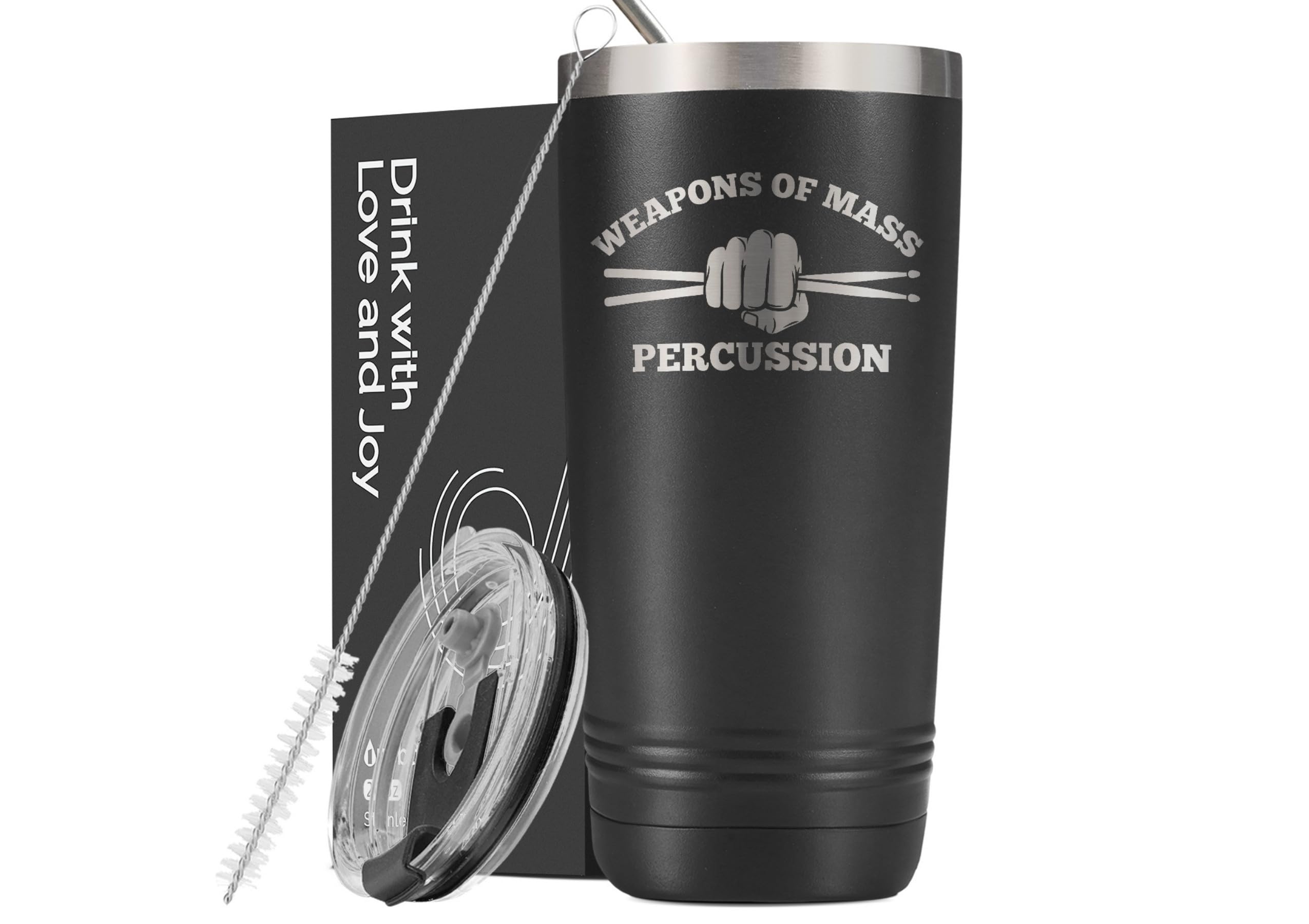 Onebttl tumbler front view highlights bold drum-themed styling for gigs and daily coffee