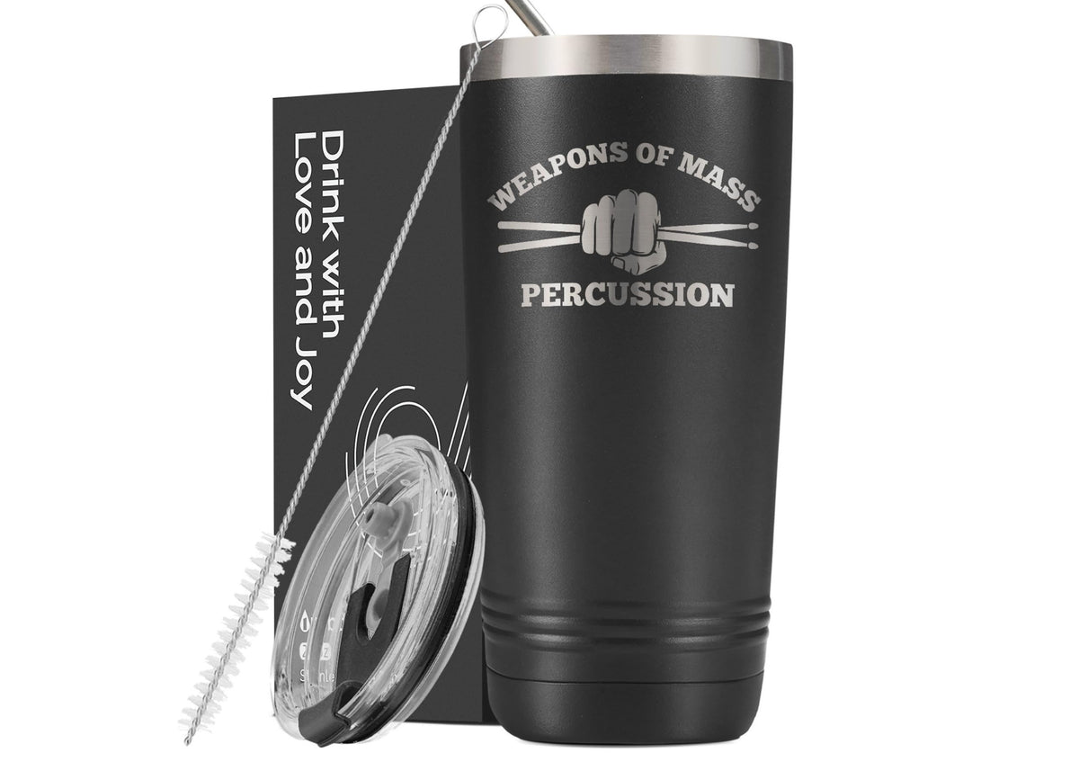 Onebttl tumbler front view highlights bold drum-themed styling for gigs and daily coffee