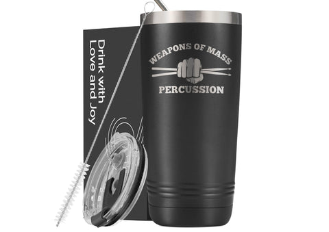 Onebttl tumbler front view highlights bold drum-themed styling for gigs and daily coffee
