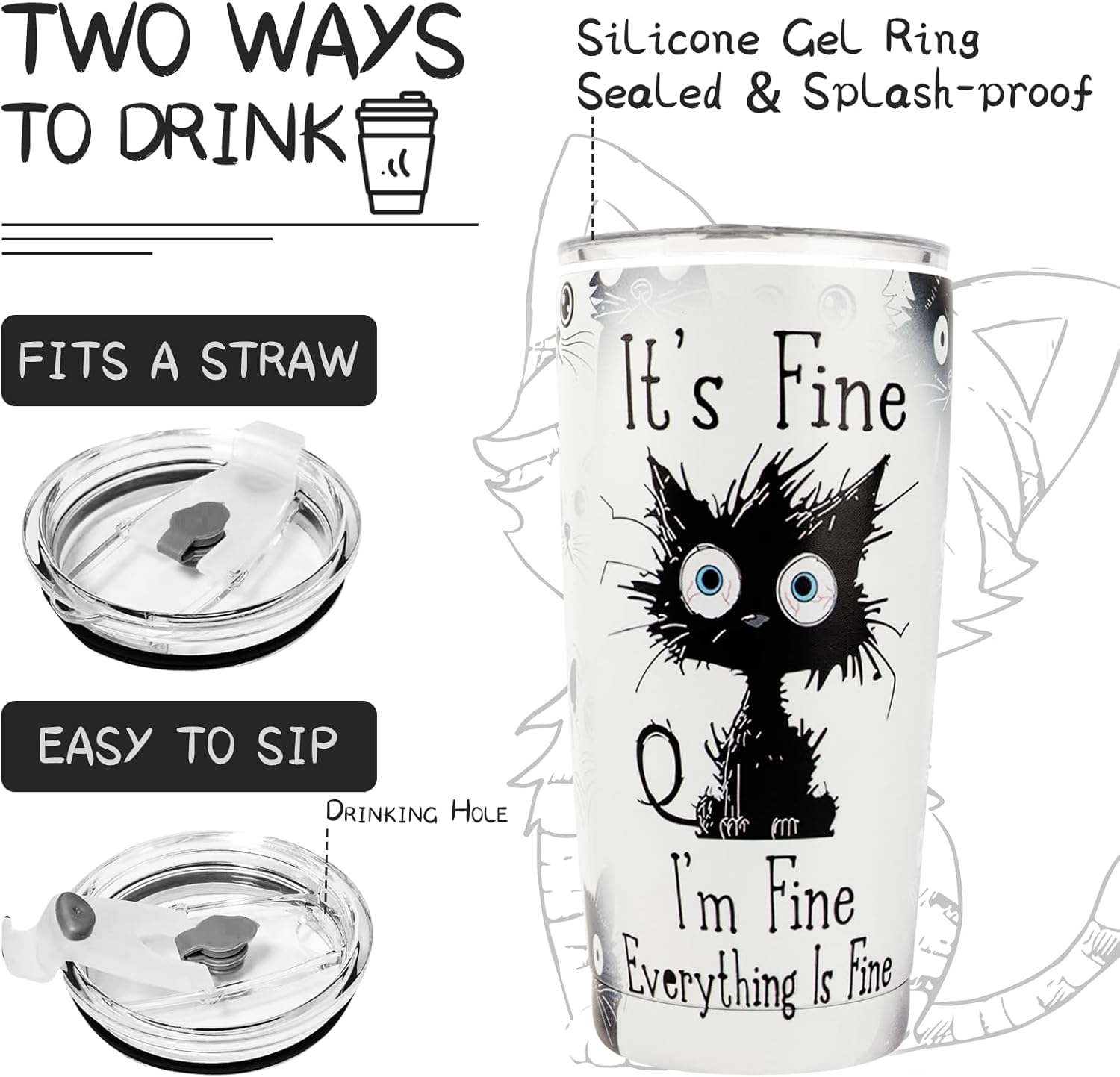 ONECES cat tumbler leak-proof lid, silicone seal prevents spills during commutes.