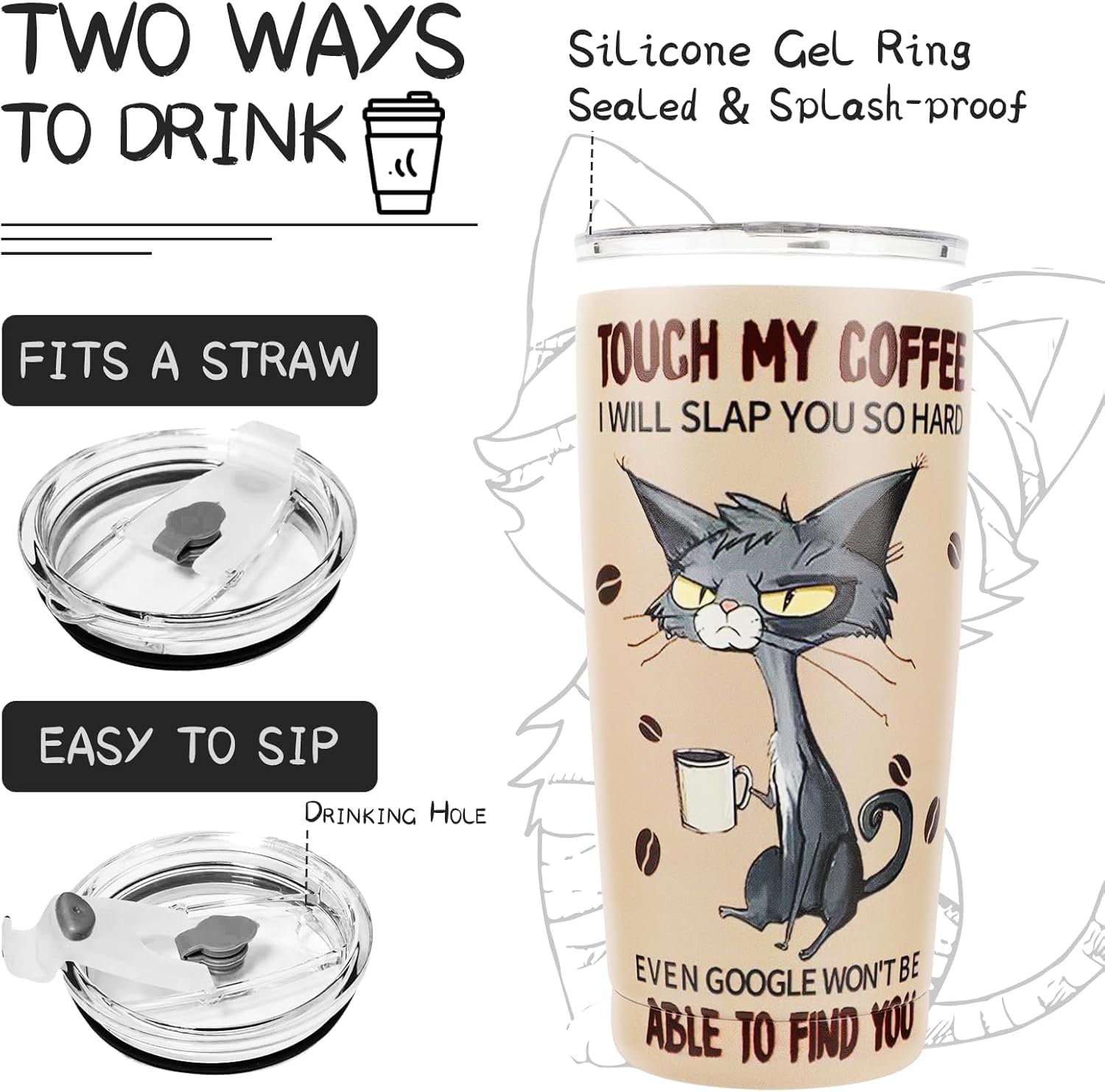 ONECES cat tumbler slider-top lid prevents leaks and spills.
