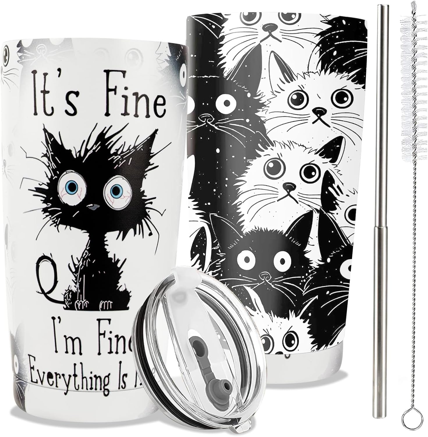 ONECES Everything is Fine cat tumbler front view, stylish insulated mug for cat lovers.