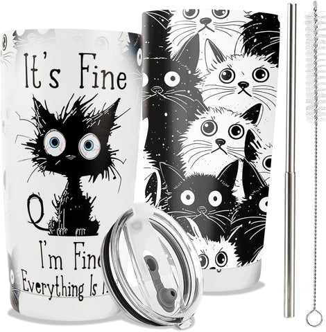 ONECES Everything is Fine cat tumbler front view, stylish insulated mug for cat lovers.