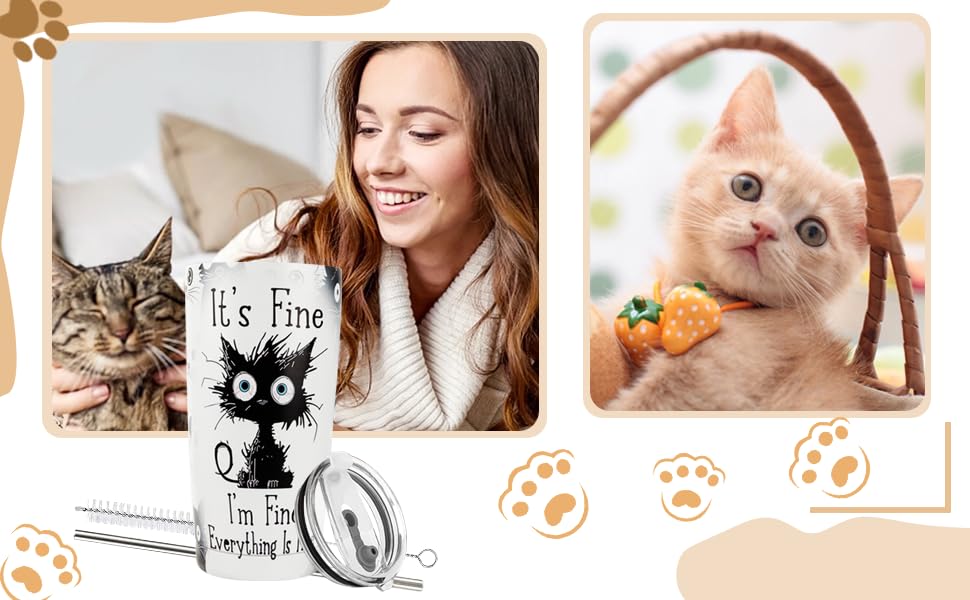 ONECES Everything is Fine tumbler on the go, perfect for busy cat lovers.