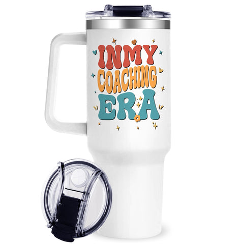 OneGemn coach tumbler with handle on sideline keeps drinks ready.
