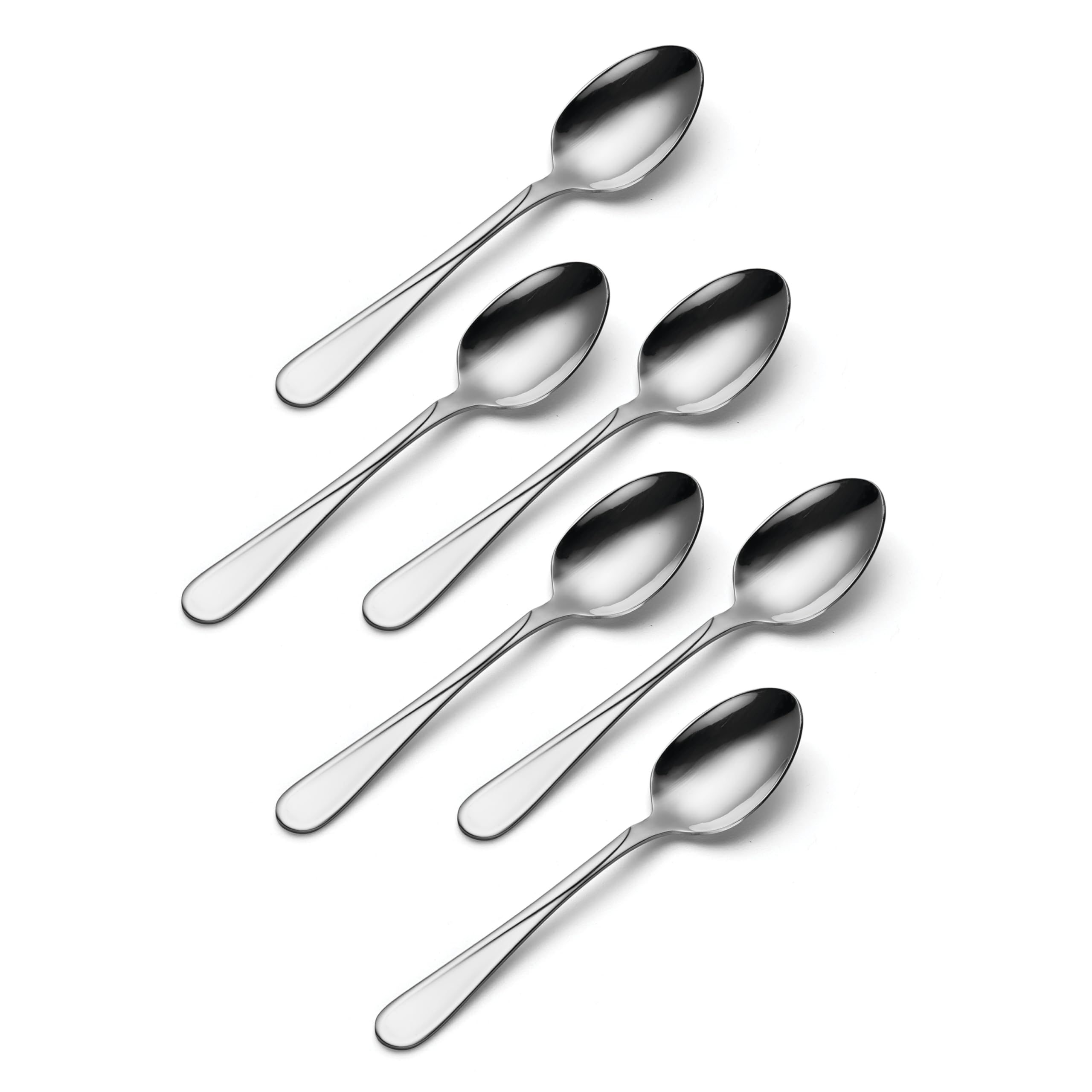 Close-up of Oneida Flight teaspoon showing 18/0 steel finish.