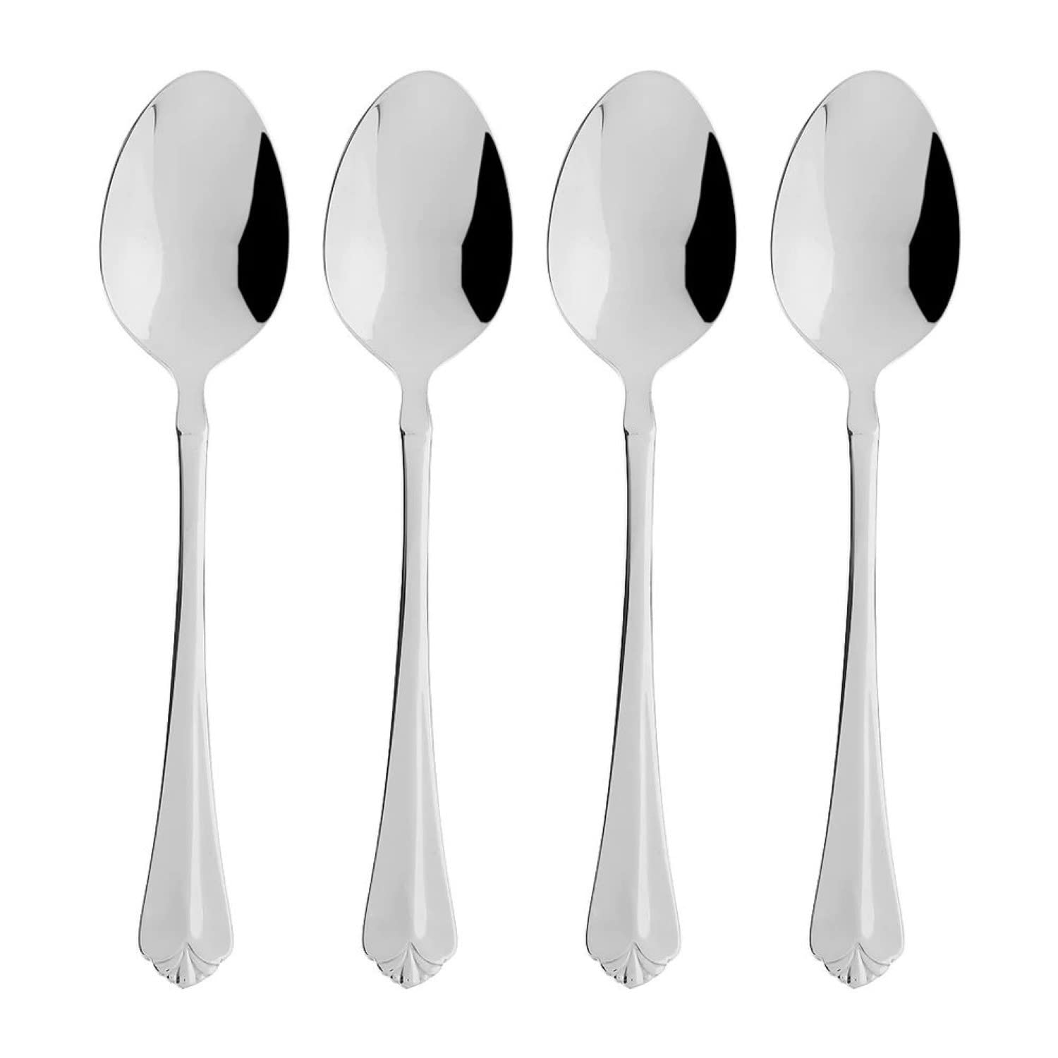 Oneida Julliard teaspoon set of four with ornate handles, dishwasher safe for easy cleanup.