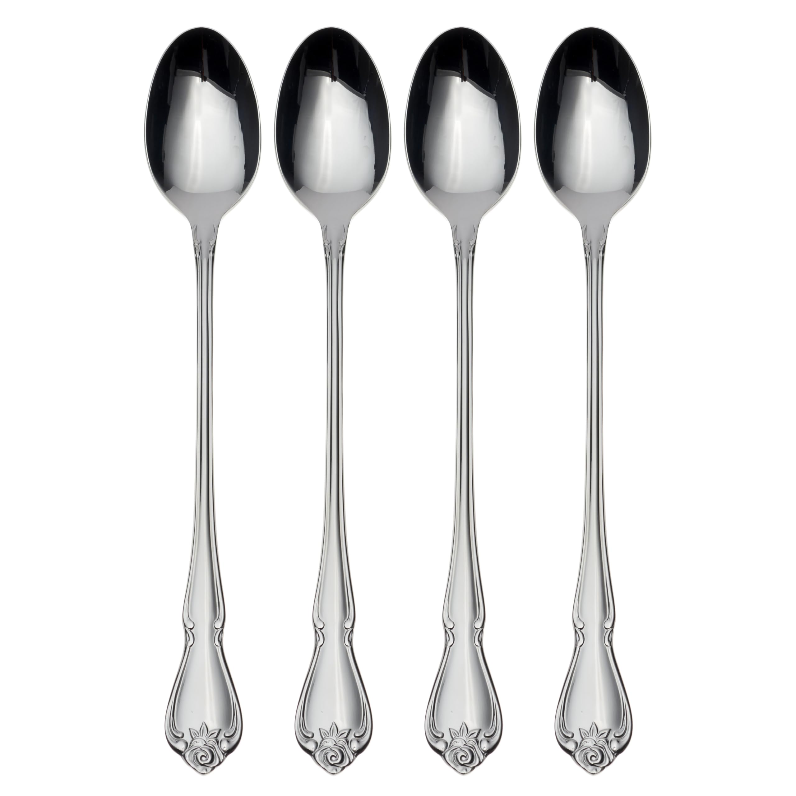 Oneida True Rose iced tea spoons set of four, silver finish, ideal for everyday dining.
