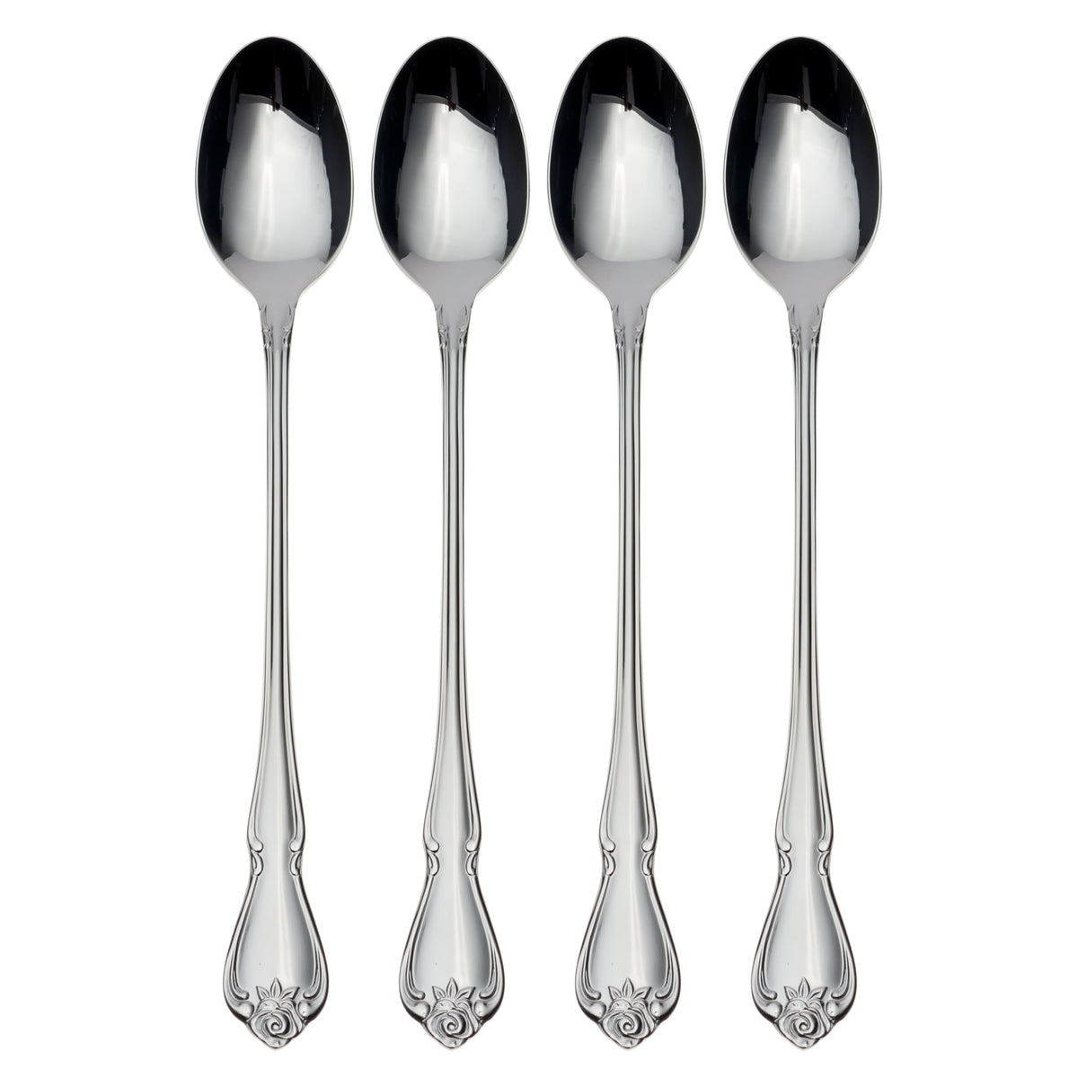Oneida True Rose iced tea spoons set of four, silver finish, ideal for everyday dining.