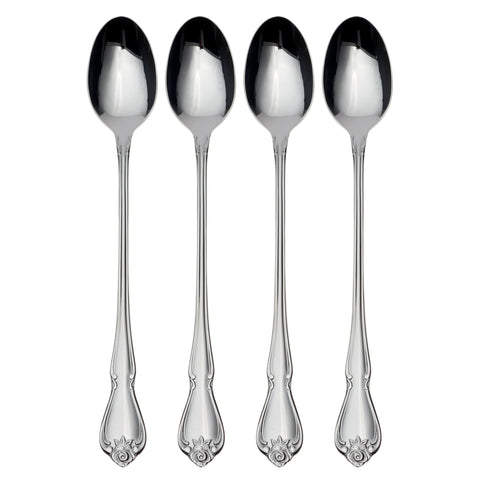 Oneida True Rose iced tea spoons set of four, silver finish, ideal for everyday dining.