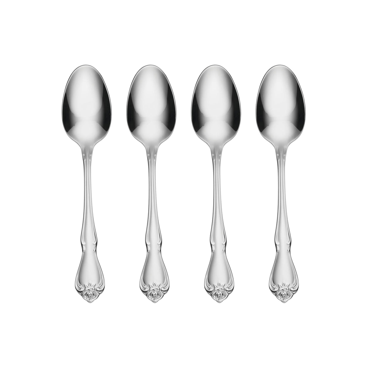 Oneida True Rose teaspoon front view showing elegant, vintage-inspired design for daily use.