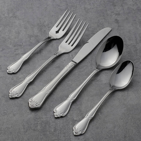 Oneida True Rose teaspoon with mirror finish adds subtle shine to table.