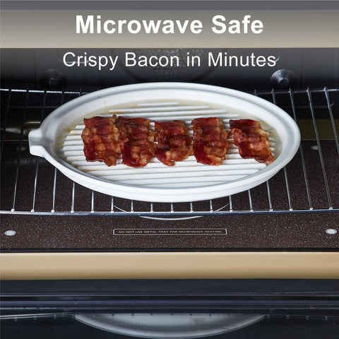 ONEMORE bacon cooker with elevated rack drains fat for crisper results.