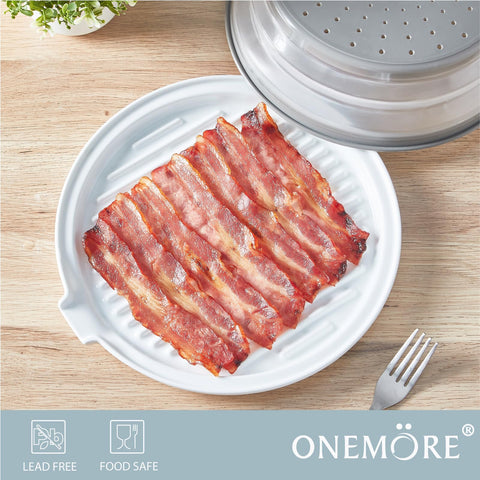 ONEMORE bacon cooker oven-safe; versatile for countertop and table use.