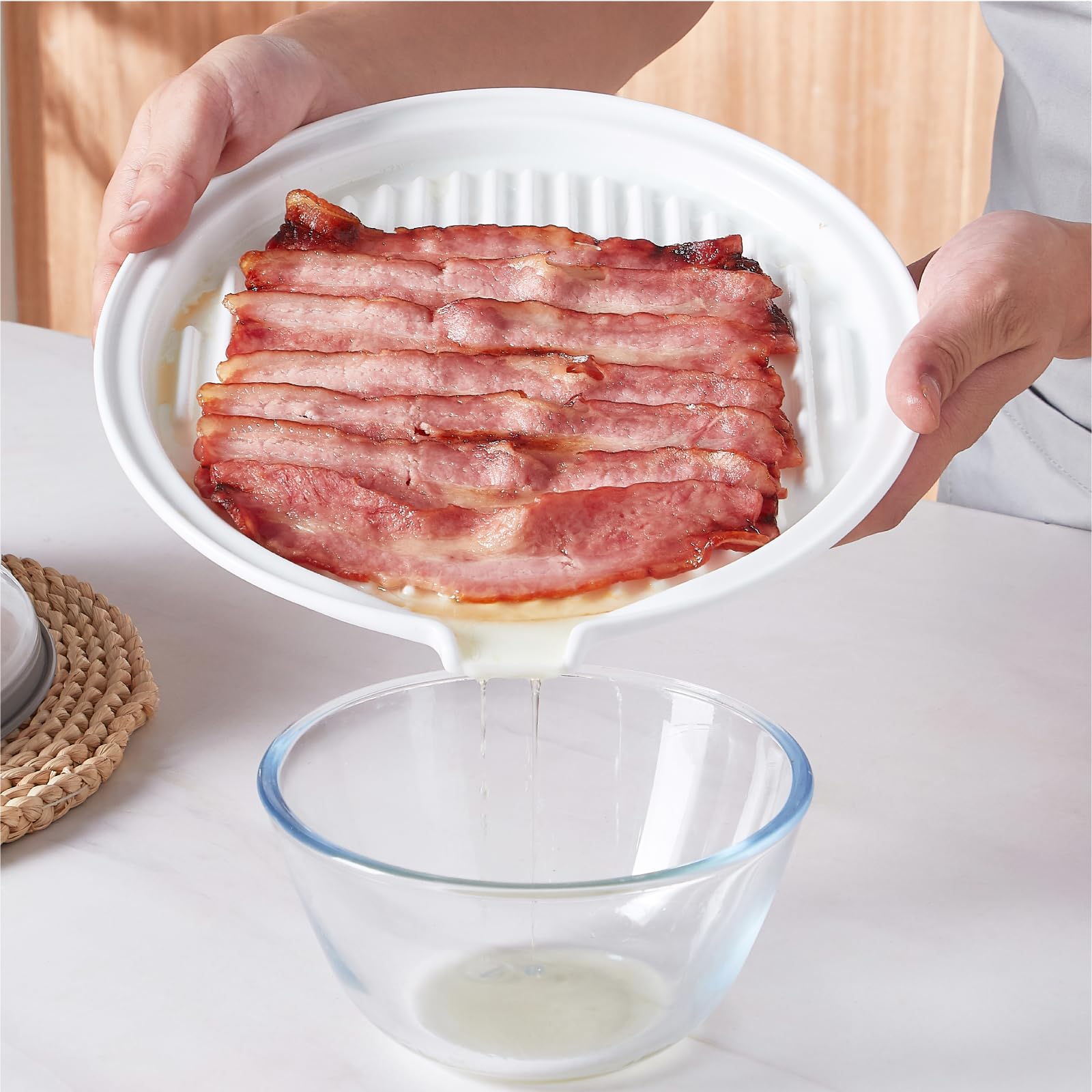 ONEMORE grease-drain bacon rack minimizes splatter and grease while cooking.