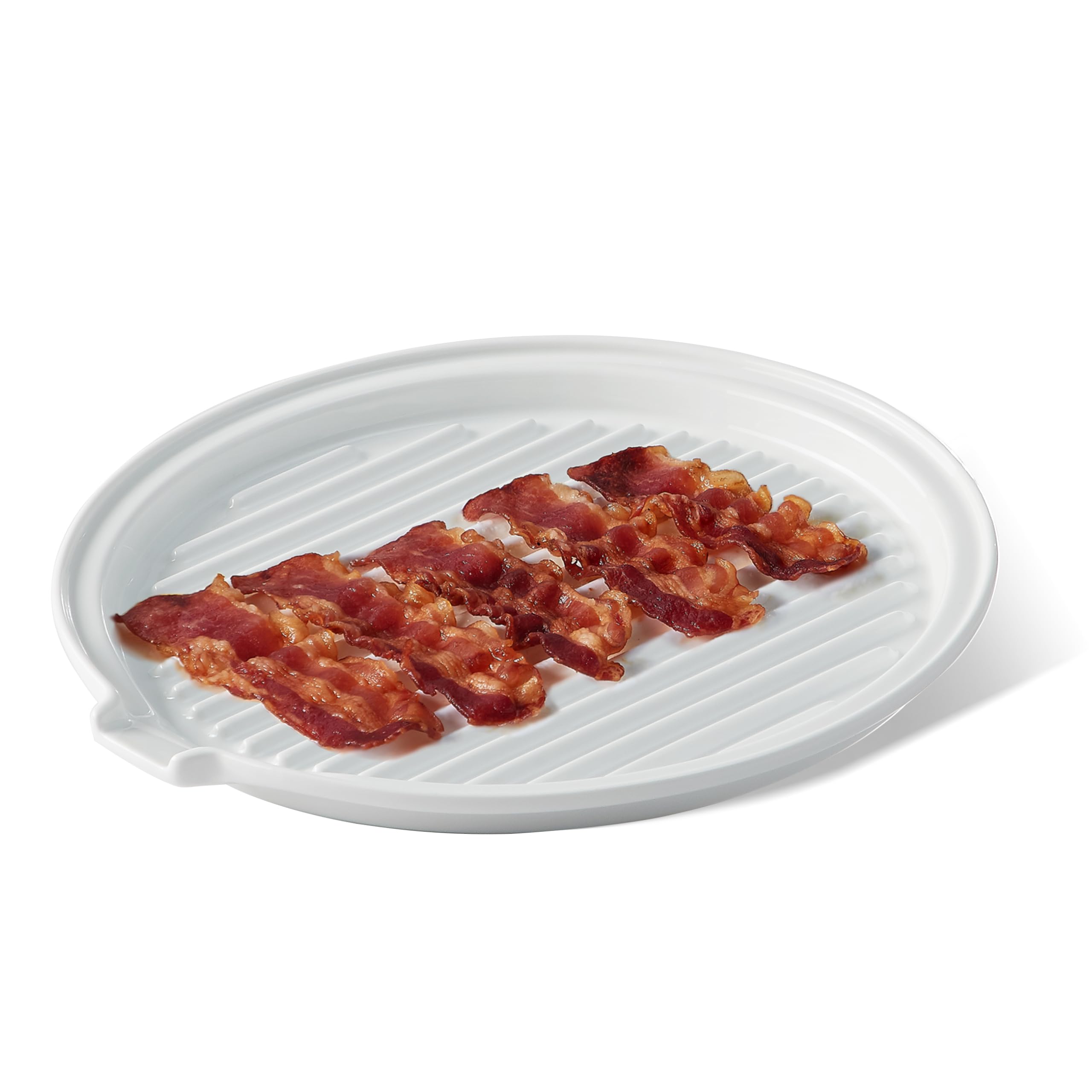 ONEMORE bacon tray close-up shows round ceramic surface ideal for even oven cooking.
