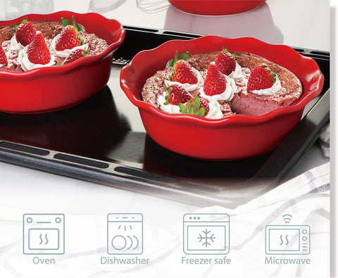 ONEMORE deep dish pie pan red close-up showing sturdy ceramic finish.