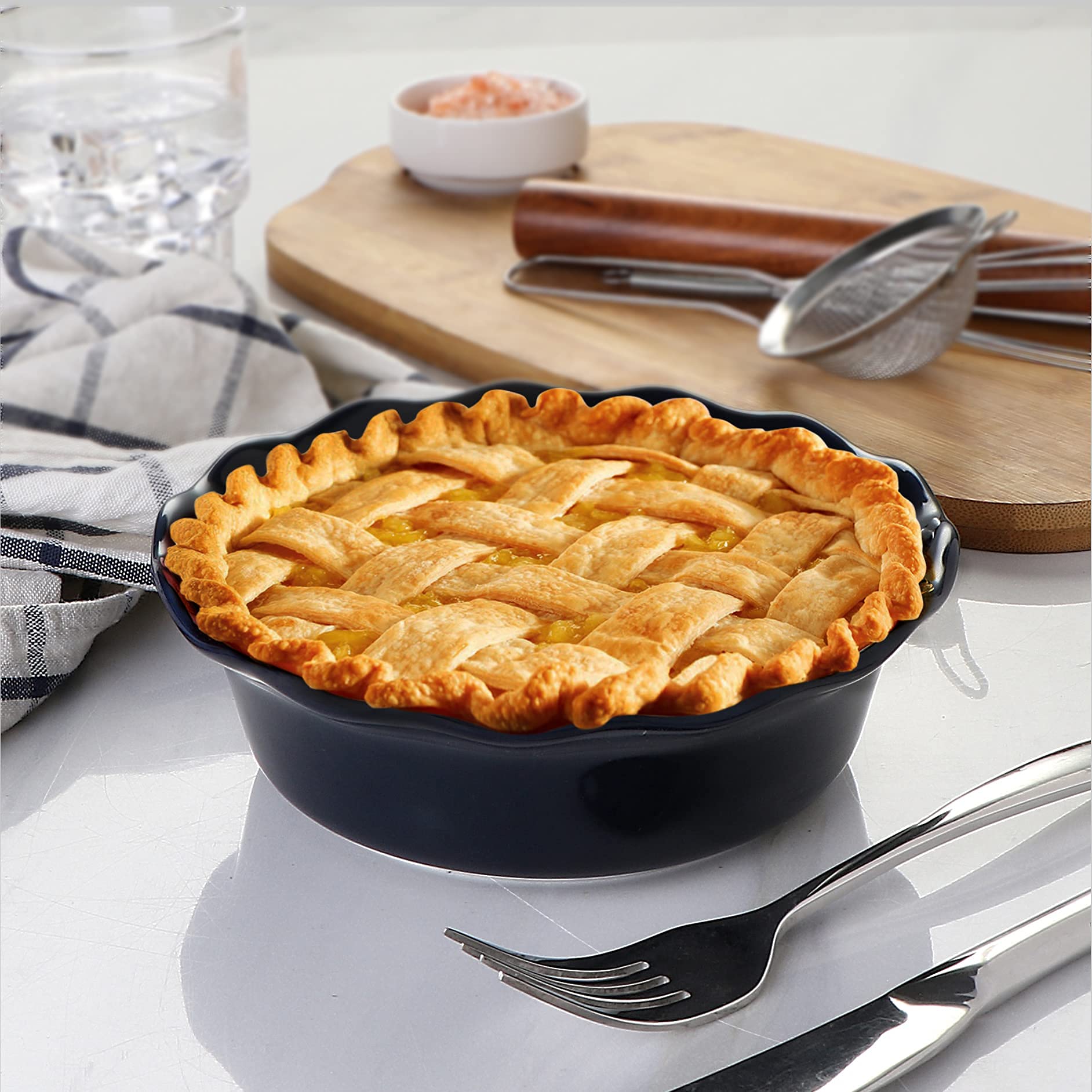 ONEMORE blue four-pack pie pans for multiple servings and ideas.