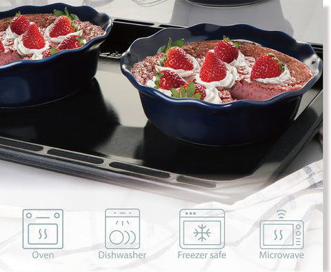 ONEMORE blue pie pan is oven safe to 500F for versatile baking.