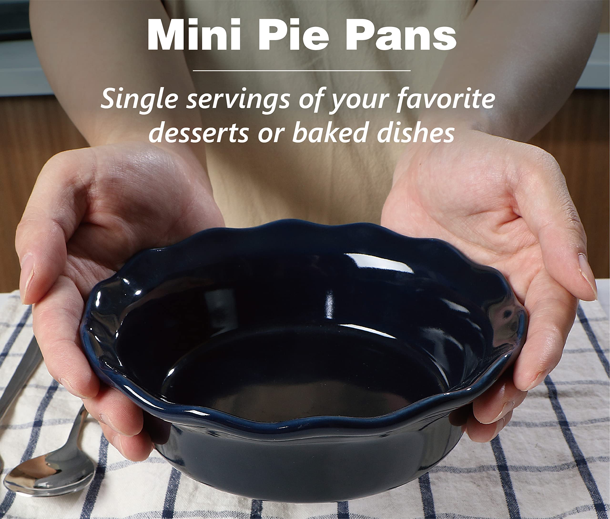 ONEMORE blue pie pan with ruffled edges adds elegance to table settings.