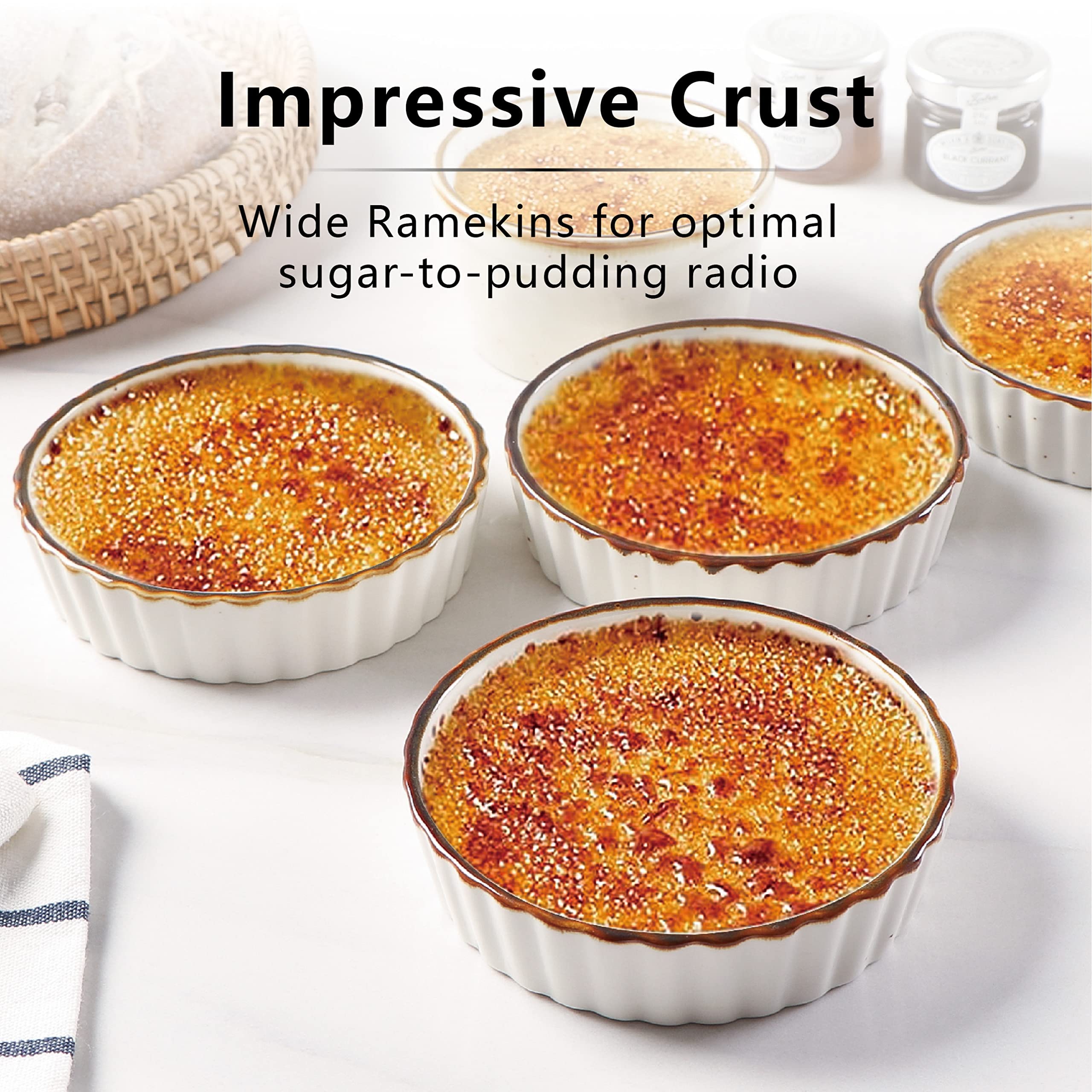 ONEMORE ramekins close-up shows speckled brown edge and creamy glaze for restaurant-grade plating