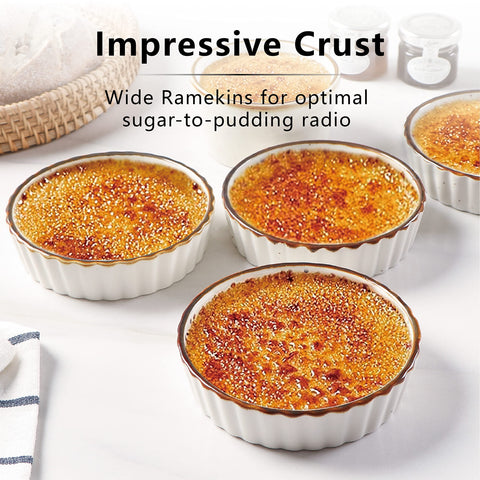 ONEMORE ramekins close-up shows speckled brown edge and creamy glaze for restaurant-grade plating