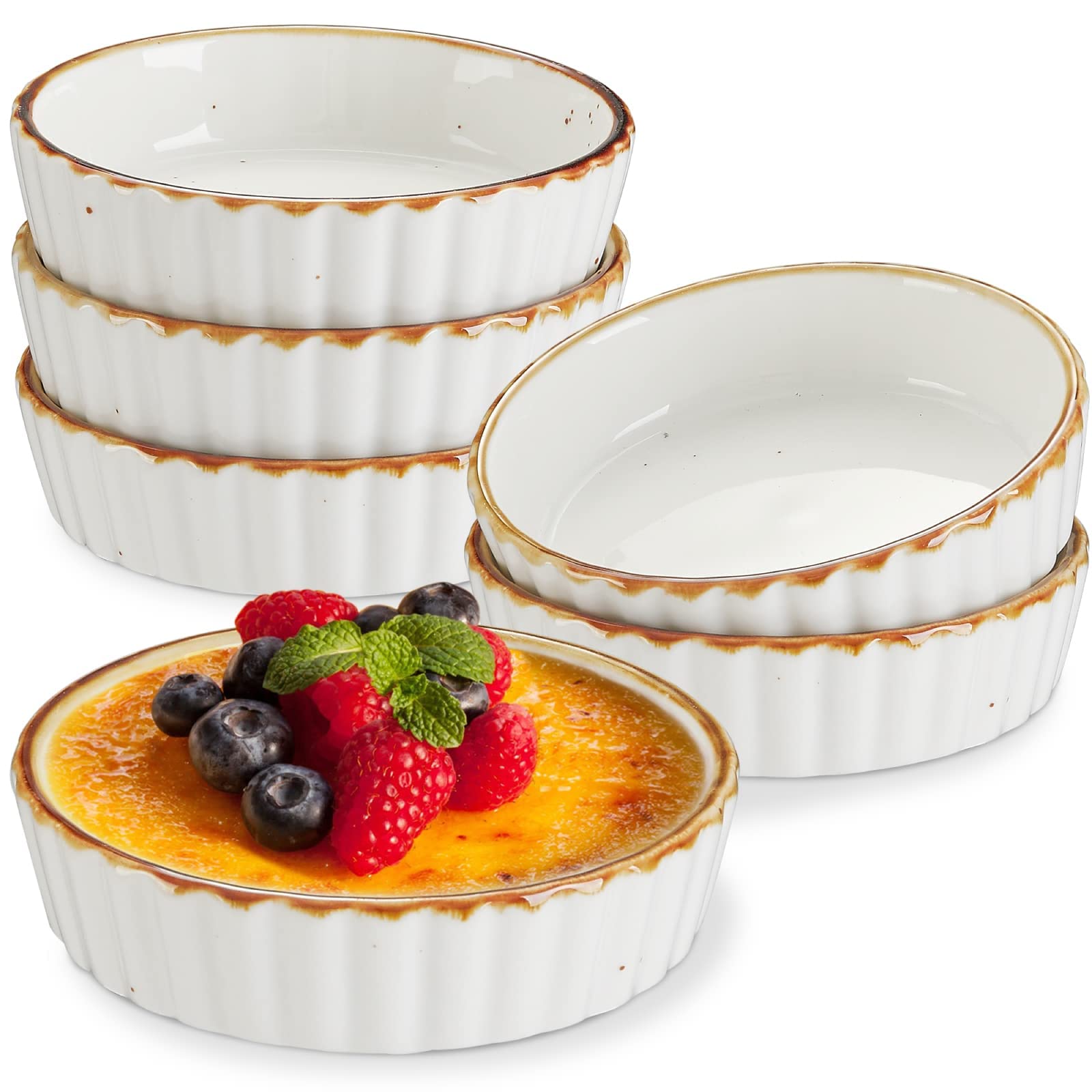 ONEMORE 4oz ramekins with speckled glaze and fluted edges for elegant creme brulee servings