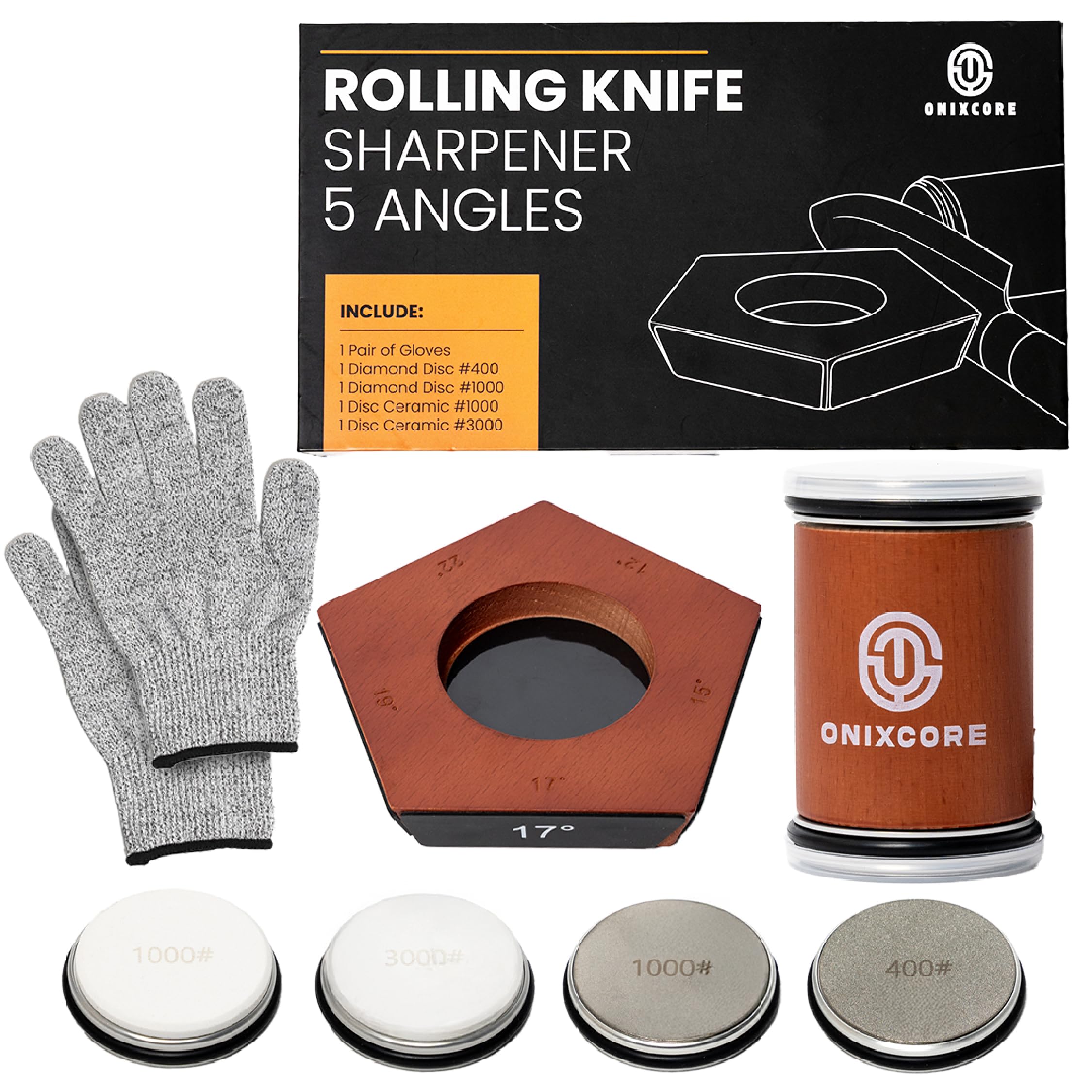 ONIXCORE rolling knife sharpener base with angle guide for precise edge setup.