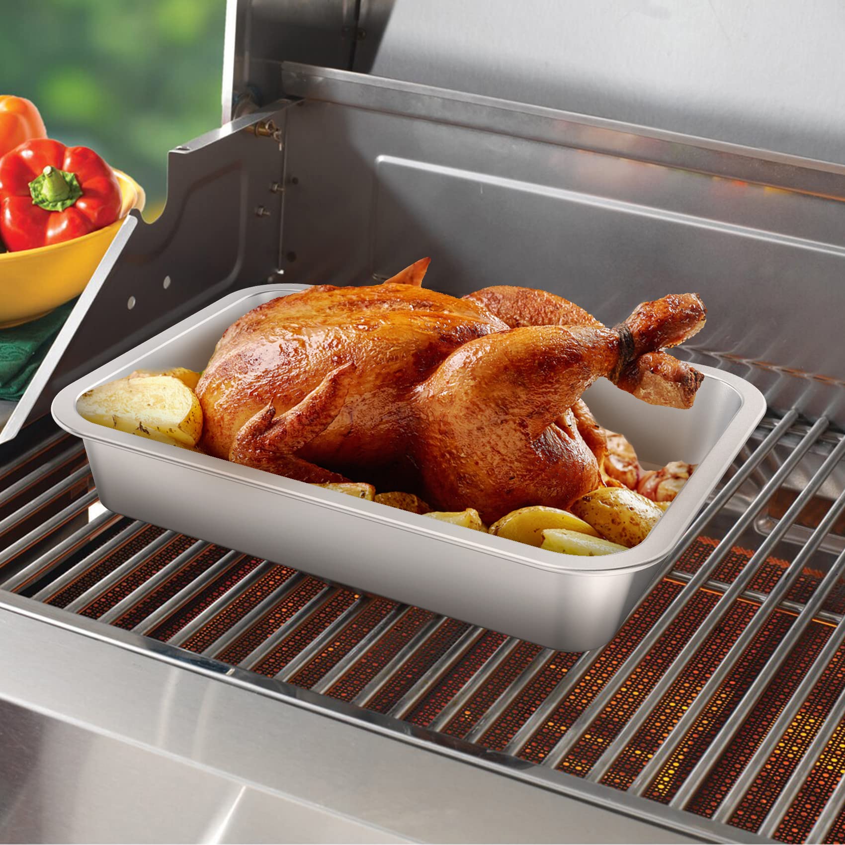 Onlyfire stainless steel pan in oven with roast to illustrate even browning.
