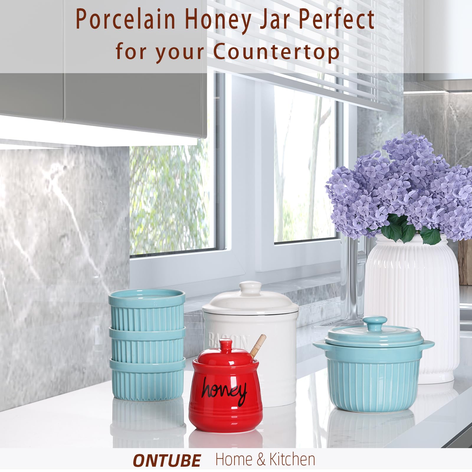 Close-up of ONTUBE honey jar with lid showing smooth glaze.