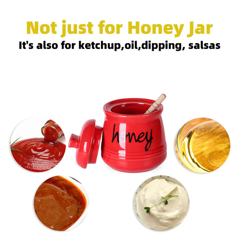 ONTUBE red ceramic honey jar with lid for easy dispensing.