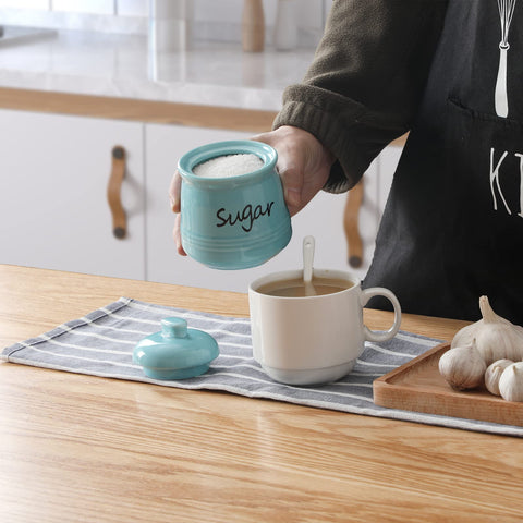 ONTUBE porcelain sugar container in turquoise glaze adds style to any table.