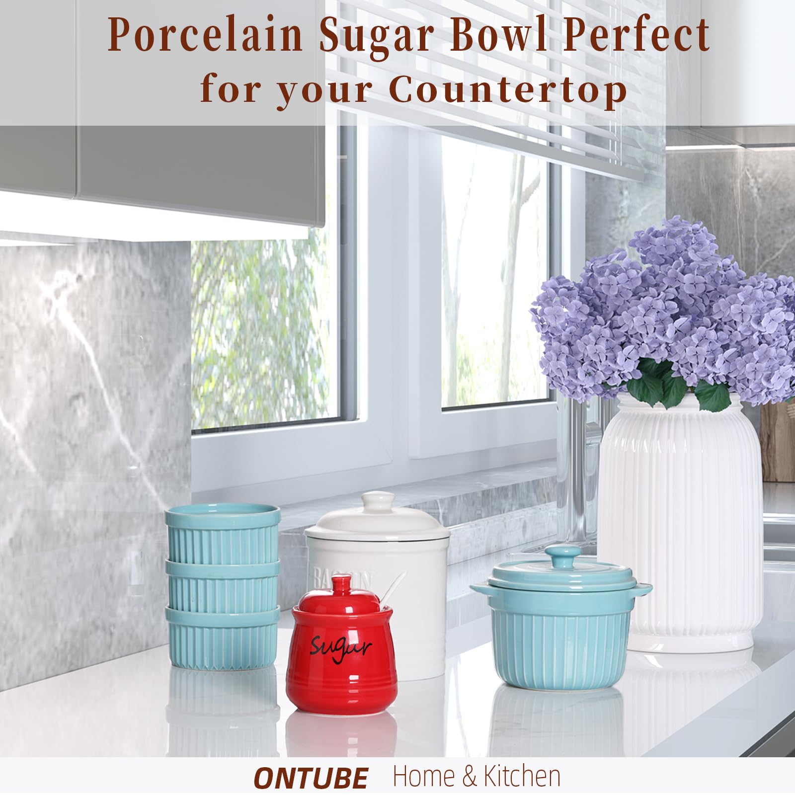 ONTUBE red ceramic sugar bowl, compact design fits small kitchens