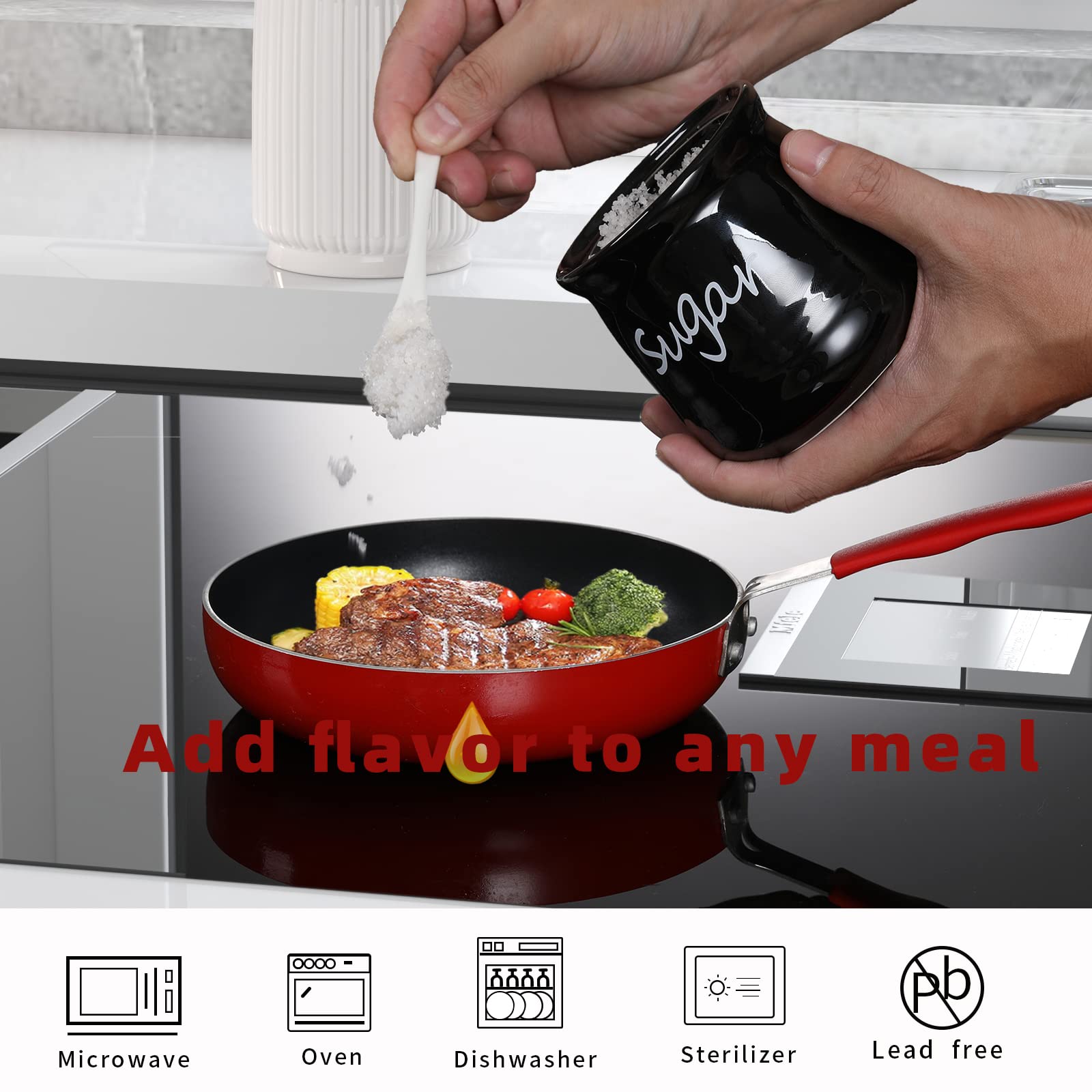 ONTUBE black ceramic sugar bowl with lid and spoon, dishwasher safe