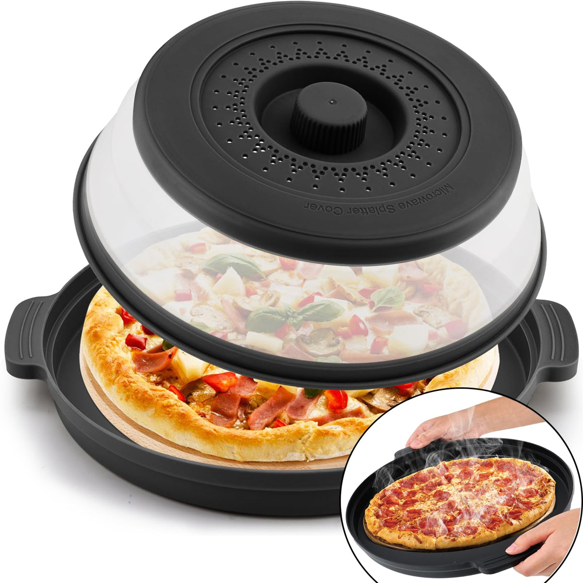 ONXE microwave splatter cover on counter protects microwave and minimizes mess