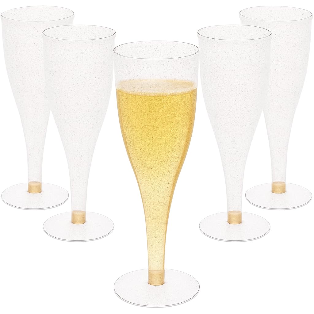 Oojami 30-pack champagne flutes with gold glitter, ideal for weddings and celebrations.