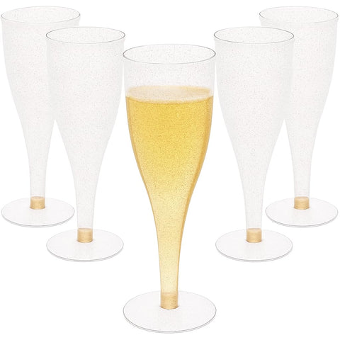 Oojami 30-pack champagne flutes with gold glitter, ideal for weddings and celebrations.
