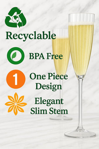 Oojami 6oz clear plastic champagne glasses stacked for easy storage