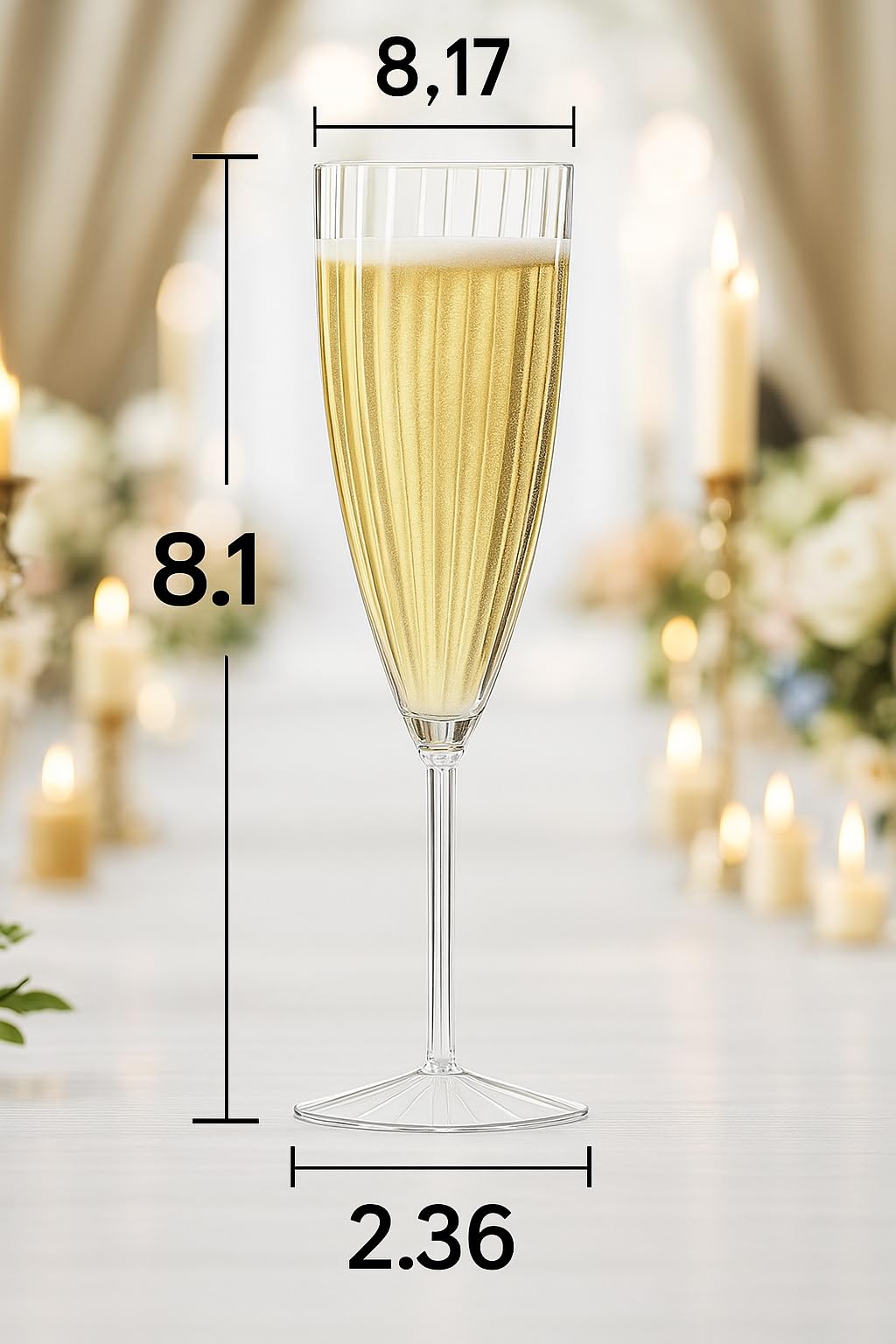 Oojami 6oz clear plastic champagne glasses on wedding table setting