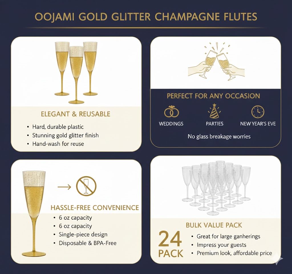 Oojami elegant plastic champagne glasses 6oz with glitter
