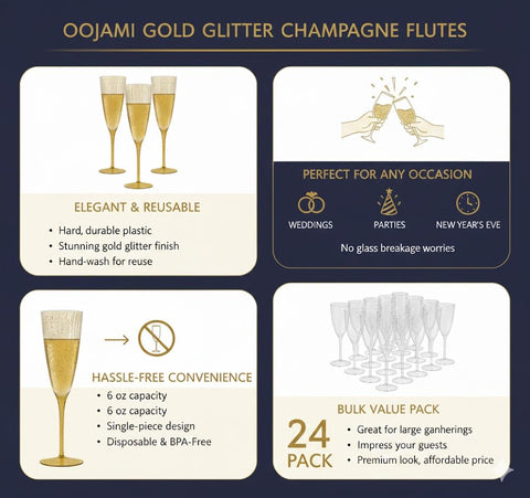 Oojami elegant plastic champagne glasses 6oz with glitter