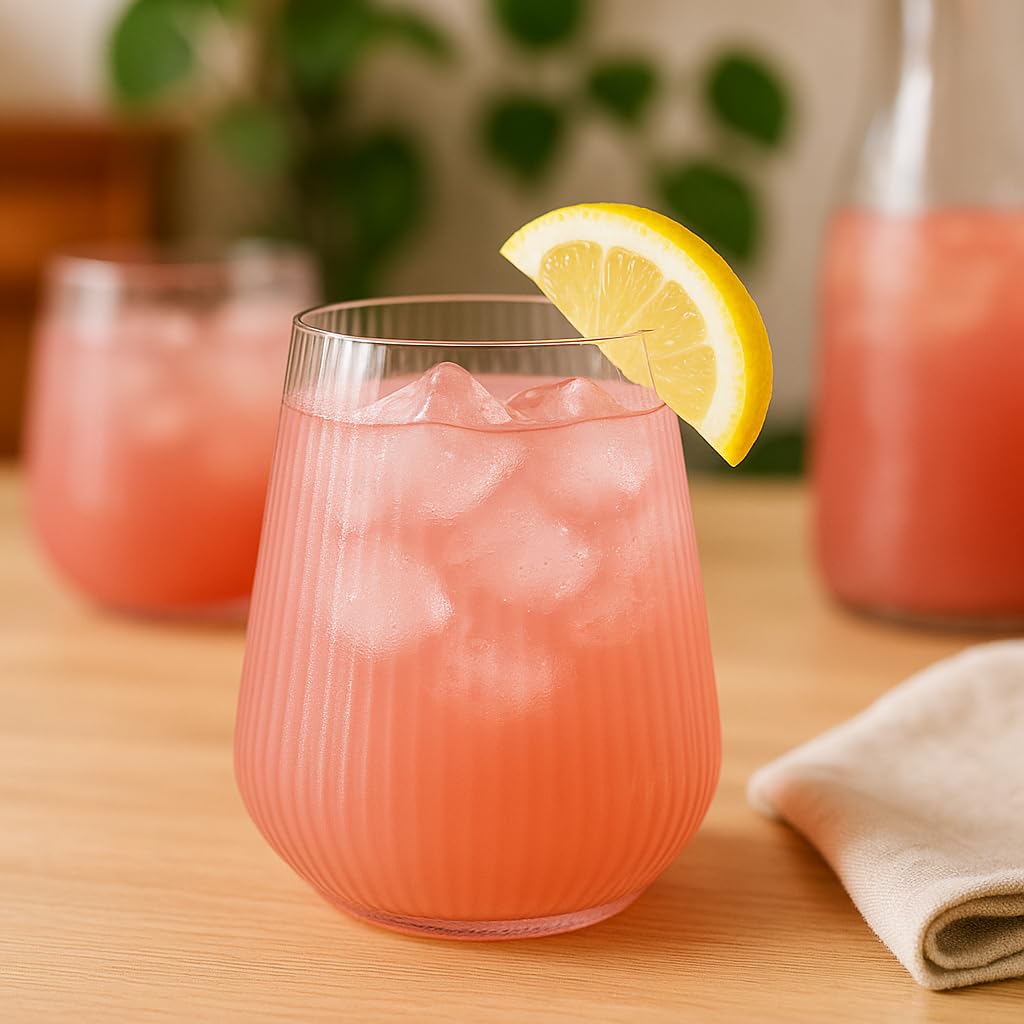 Oojami indoor outdoor 12oz stemless glass in pink for versatile use.