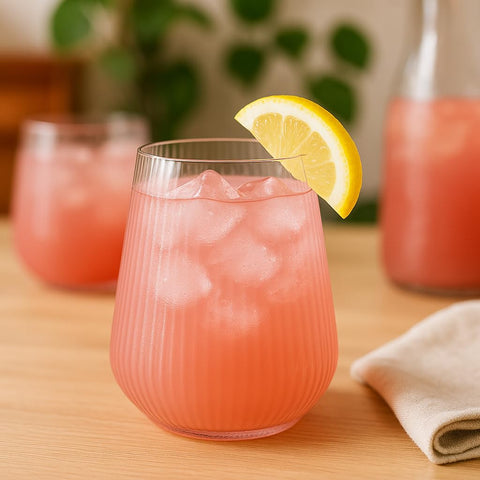 Oojami indoor outdoor 12oz stemless glass in pink for versatile use.