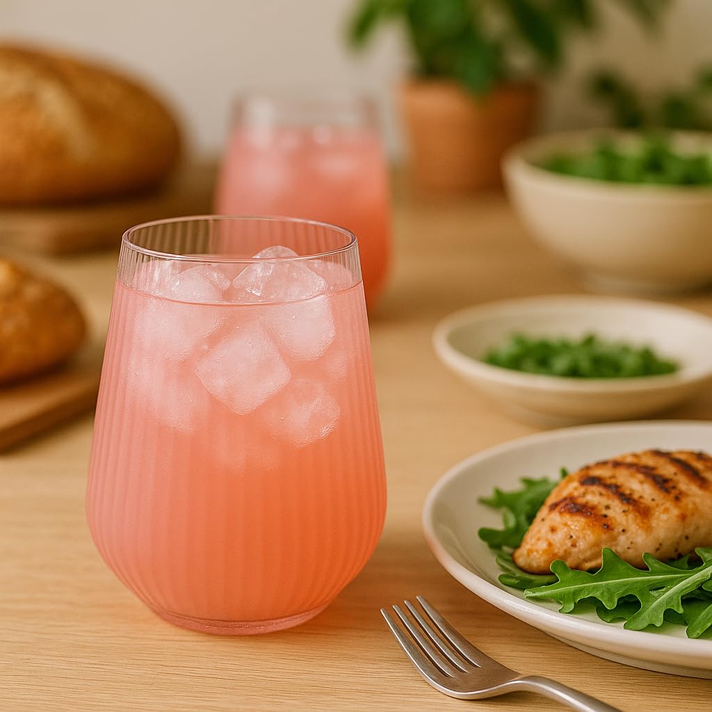 Oojami ripple texture closeup pink 12oz glass ideal for entertaining.