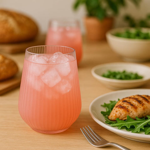 Oojami ripple texture closeup pink 12oz glass ideal for entertaining.