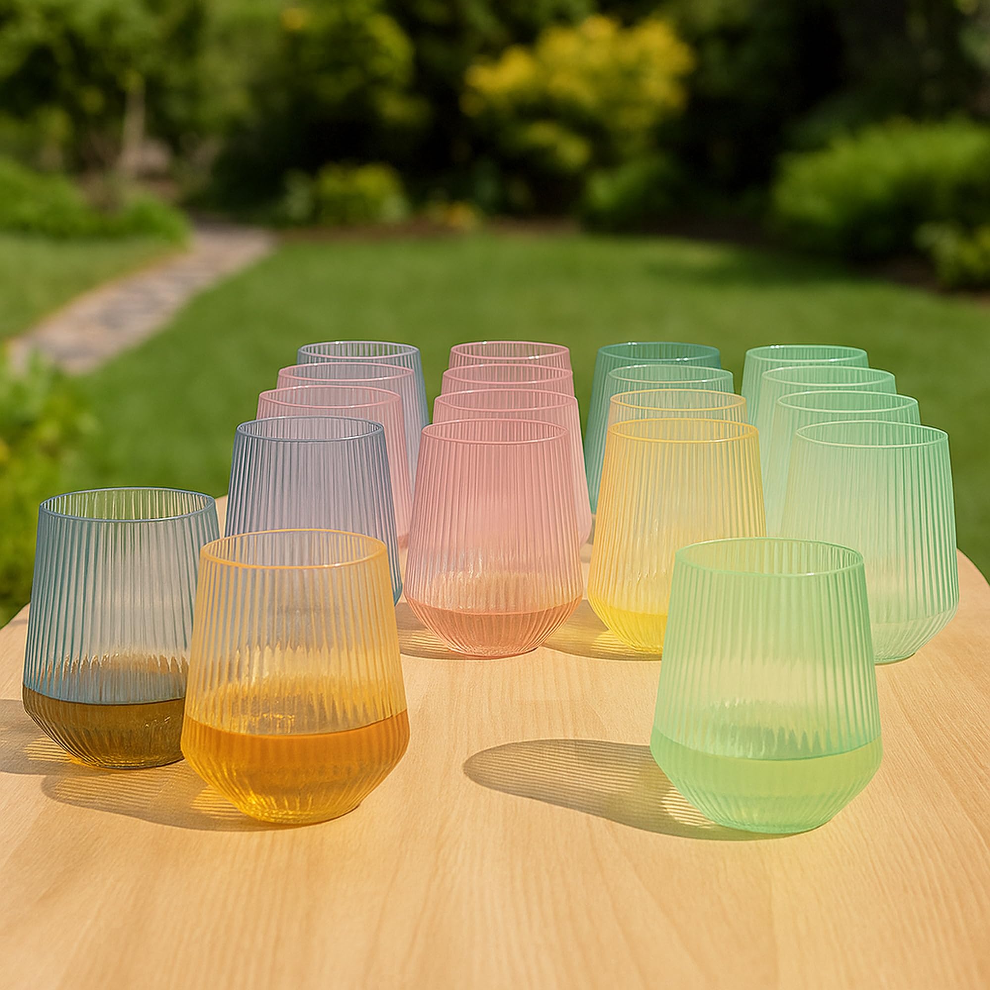 Oojami stemless glass with smooth rim offers comfortable, ergonomic sipping.