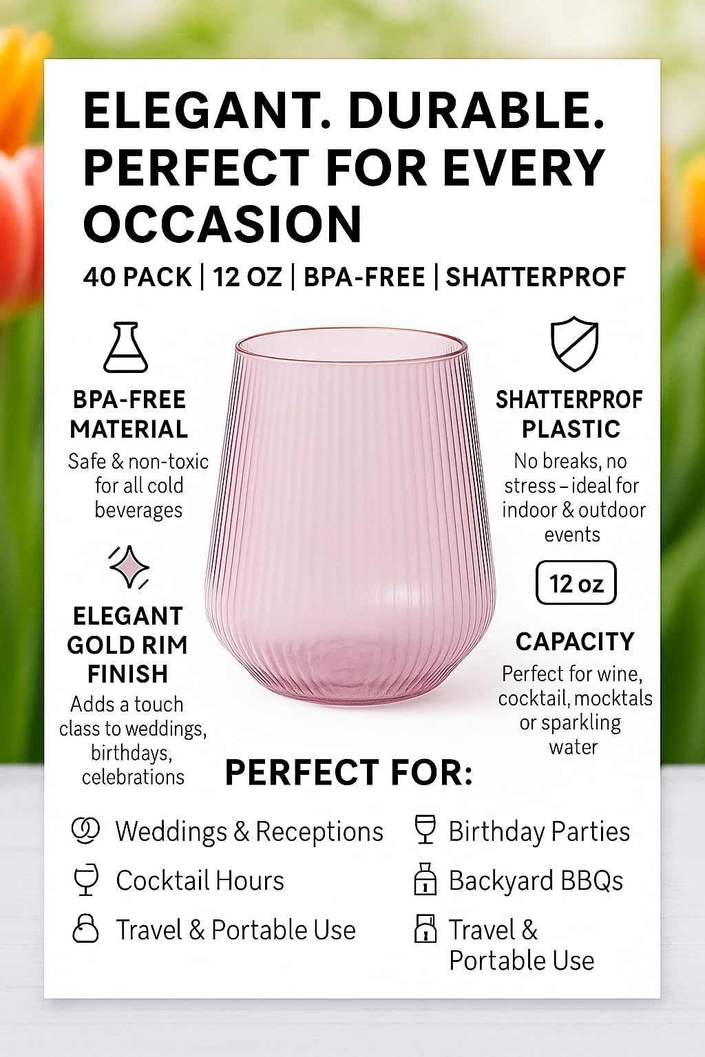 Oojami unbreakable plastic 40-pack glass for events and gatherings.