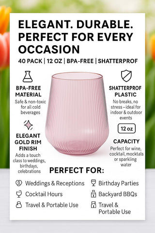 Oojami unbreakable plastic 40-pack glass for events and gatherings.