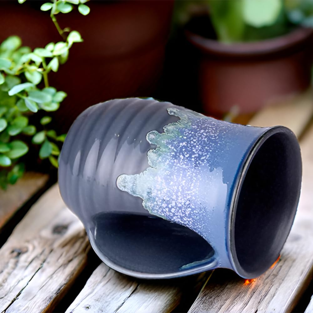 oojdzoo handmade pottery mug shows a colorful glaze pattern for a unique sip